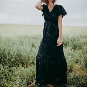 Piper & Scoot flocked navy maxi dress